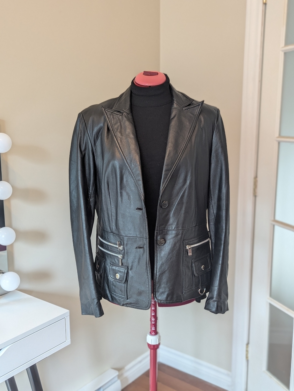 Michael Kors Black Leather Blazer Jacket with Zip Pocket Accents